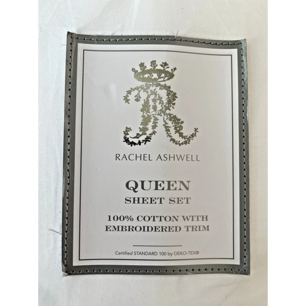 Rachel Ashwell Pink Embroidered Eyelet Hem QUEEN Sheet Set‎ White 100% Cotton